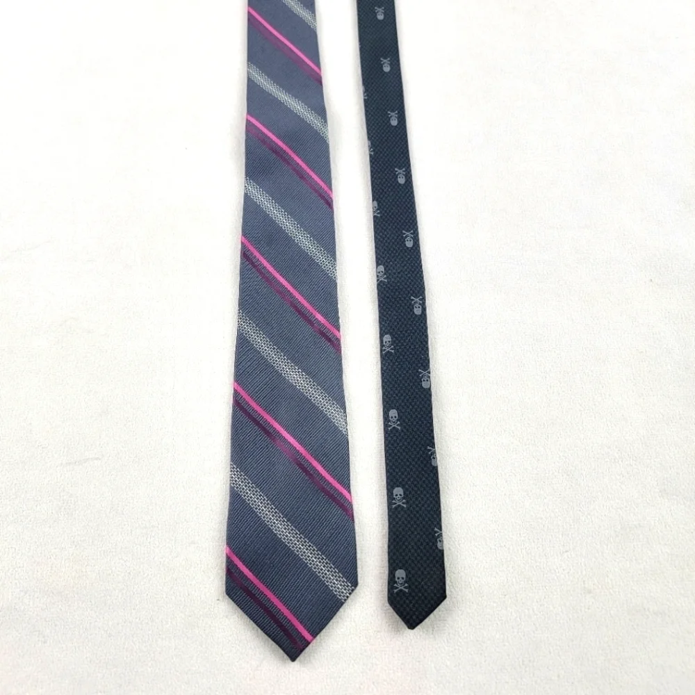 Public Notices grey‎ pink stripe skinny tie with skull details 2.25